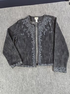 Chico's Embroidered Denim Jacket Womens 1 Dark Wash Blue Floral Zip Front Casual